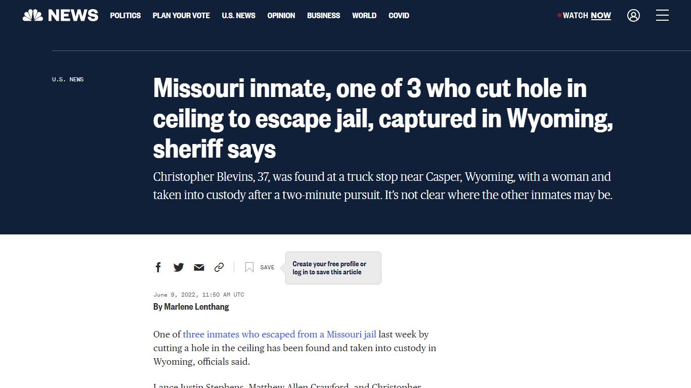 Missouri inmate, one of 3 who cut hole in ceiling to escape jail ...